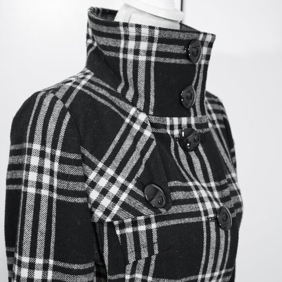 Express Coat Goth Plaid Black Wool Blend Funnel Neck Academia Pea Coat Mod Retro - Picture 8 of 12